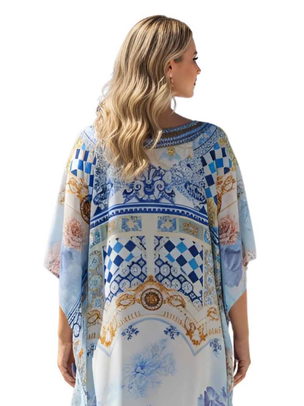 Women’s Plus Size Light Blue Ornate Print Satin Silk Tunic 1X-3X Dress for Woman - Picture 4 of 5